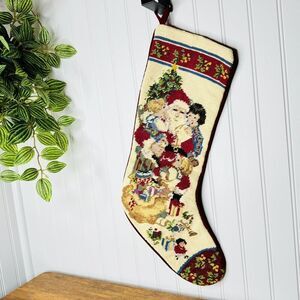 Needlepoint Wool Velvet SANTA'S LAP Kids Gift Bag 20" Vintage Christmas Stocking